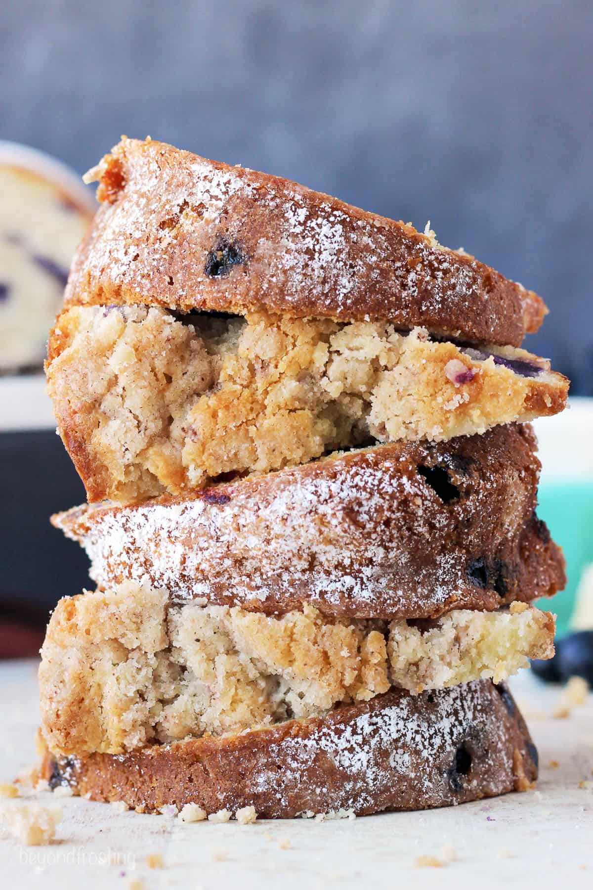 five slices of bundt cake piled on top of one another