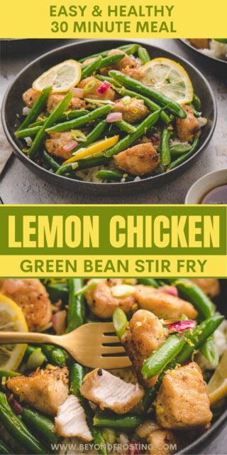 Pinterest image of lemon chicken stir fry with text overlay