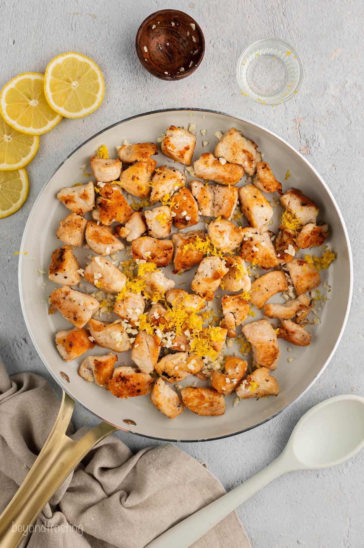 Chunks of chicken in a pan