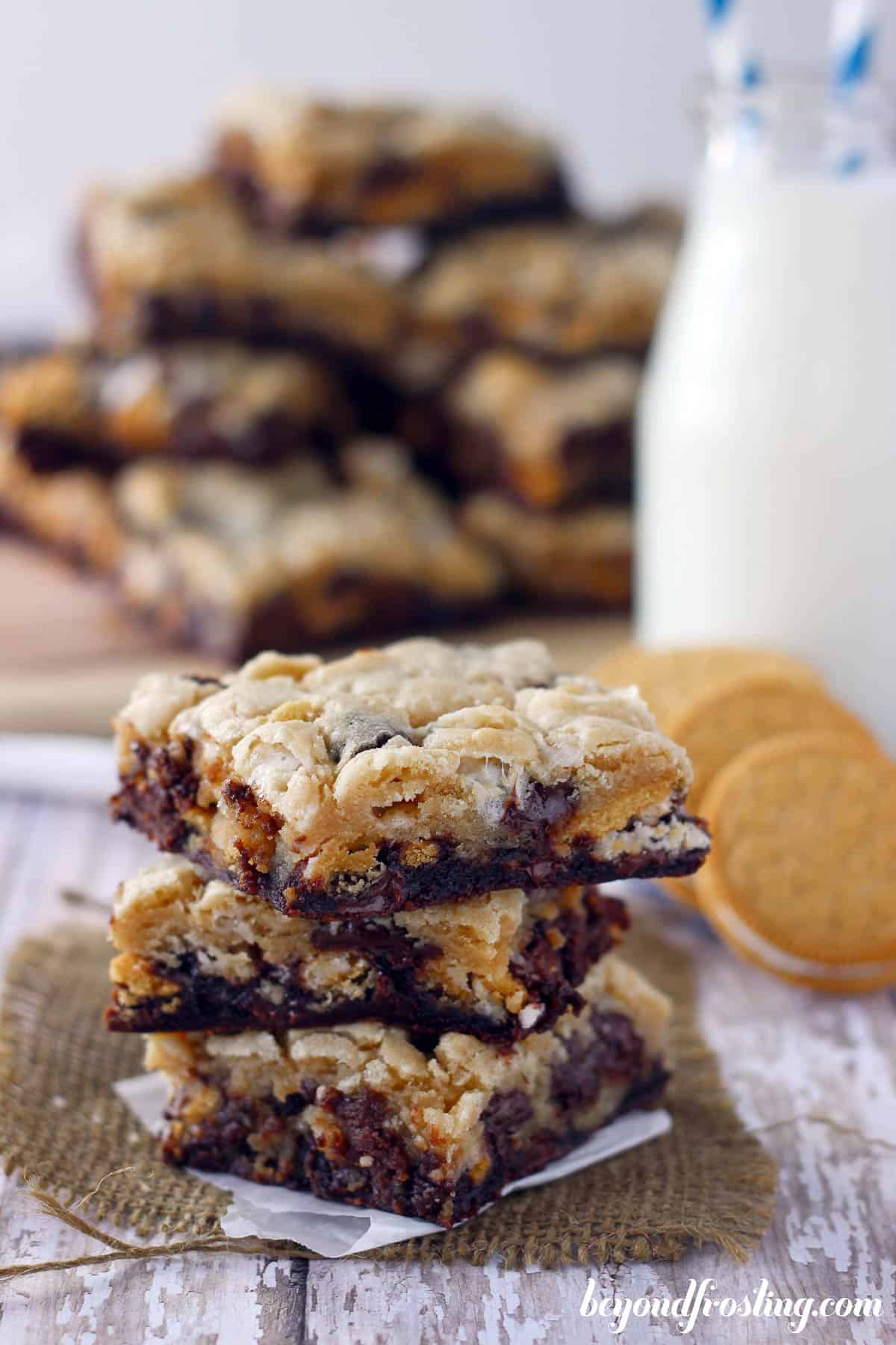 three marshmallow oreo brookies stacked