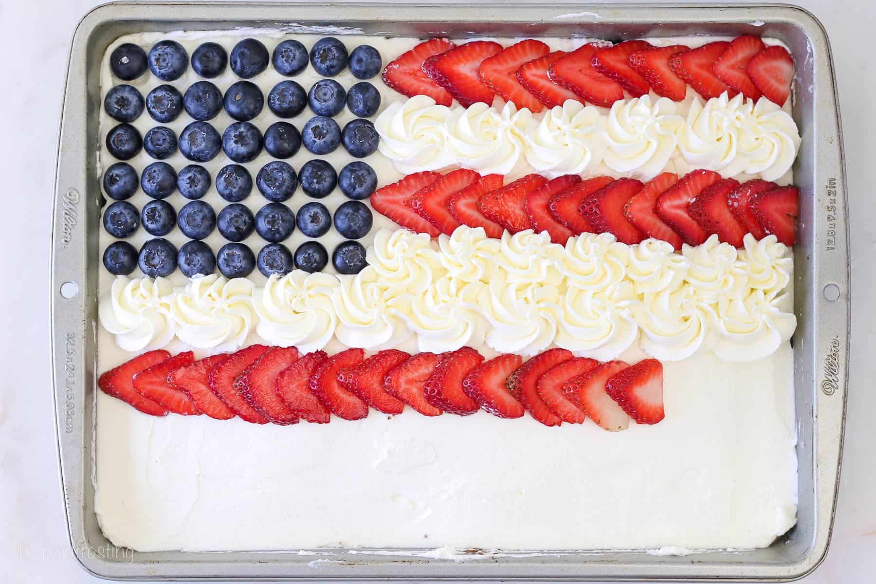 Step by step photo for decorating a flag cake with strawberries and blueberries