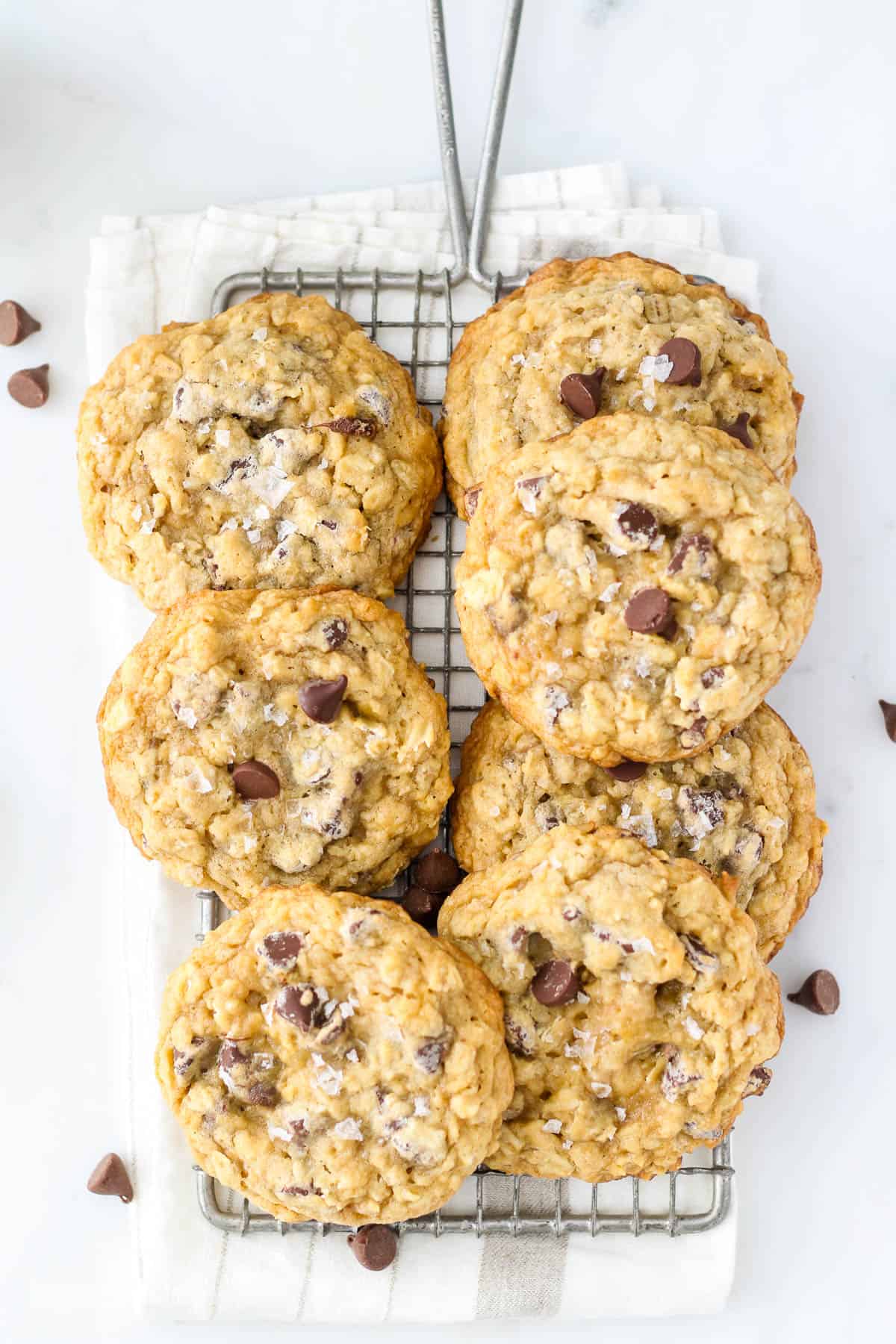 overhead of a cooling rack piled with oatmeal chocolate chip cookies