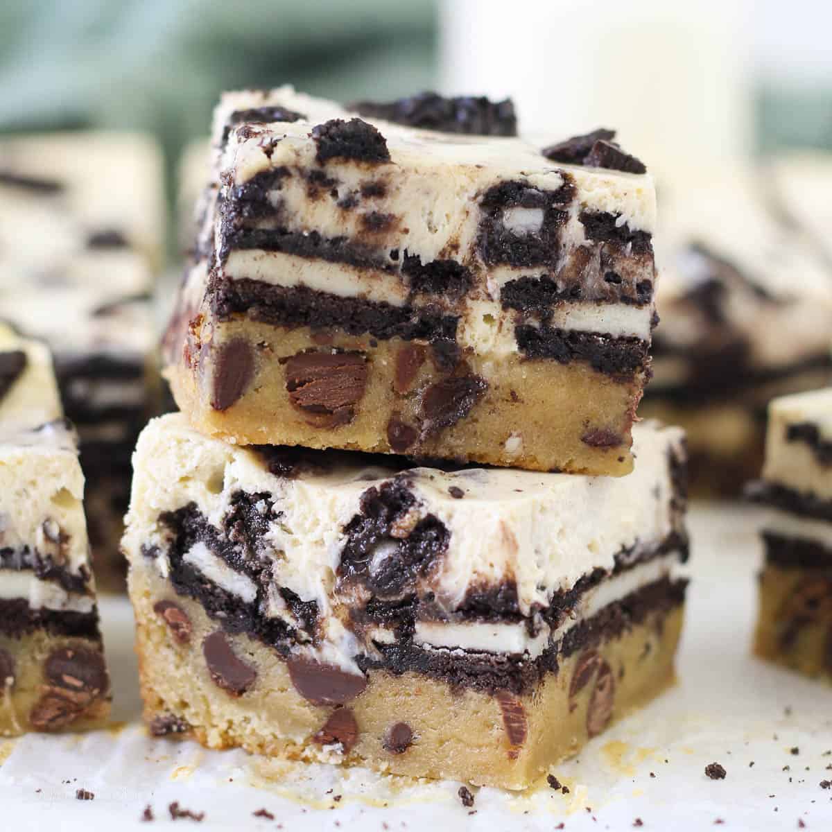 Close up of 2 stacked Slutty Cheesecake Bars
