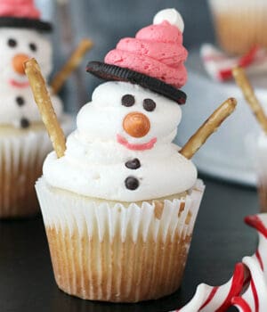 closeup of a diy snowman cupcake