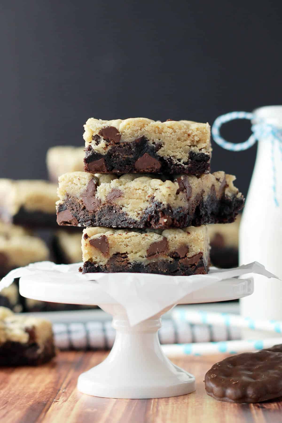 three thin mint brookies stacked on a small cupcake stand