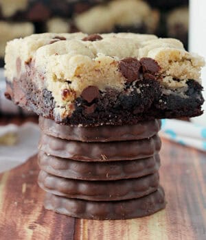 five thin mint cookies stacked with a brookie on top
