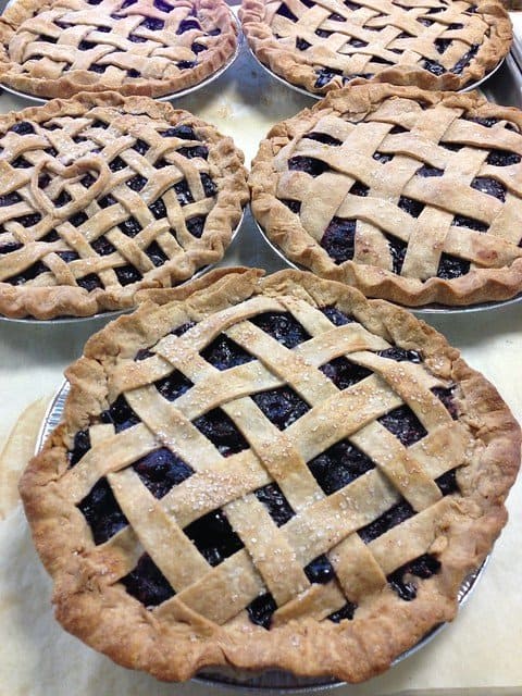 Overhead view of five lattice-topped pies
