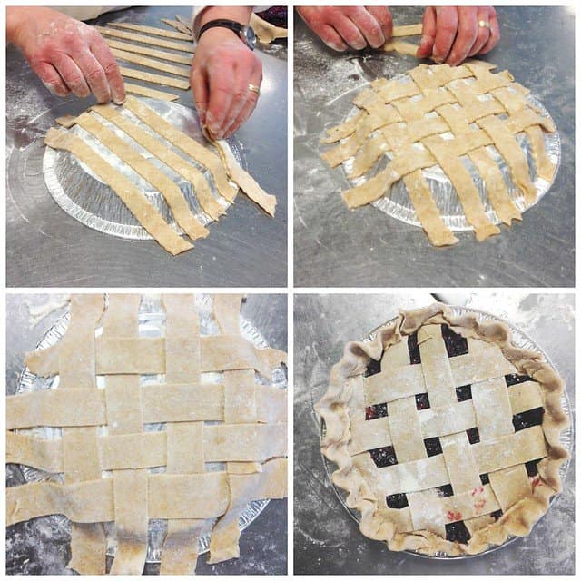 Collage of steps to make a lattice-top pie crust