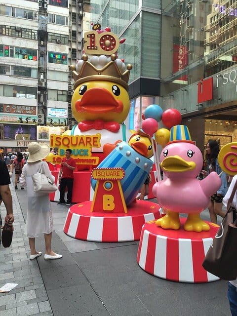 Duck statues outside a store in Hong Kong