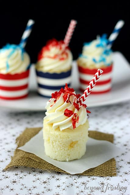 Red white and blue mini cupcakes with a straw