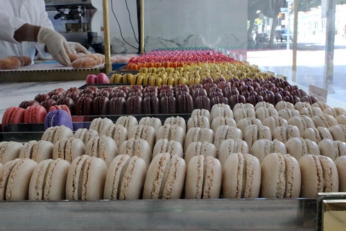 Close-up of French macarons in a bakery case