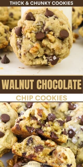 Pinterest graphic with two photos of walnut chocolate chip cookies