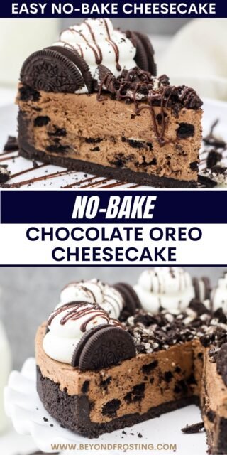 Pinterest graphic of a no-bake chocolate Oreo cheesecake with text overlay