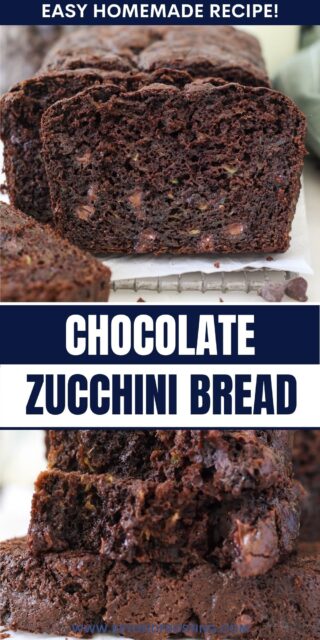 Pinterest graphic with two photos of double chocolate zucchini bread