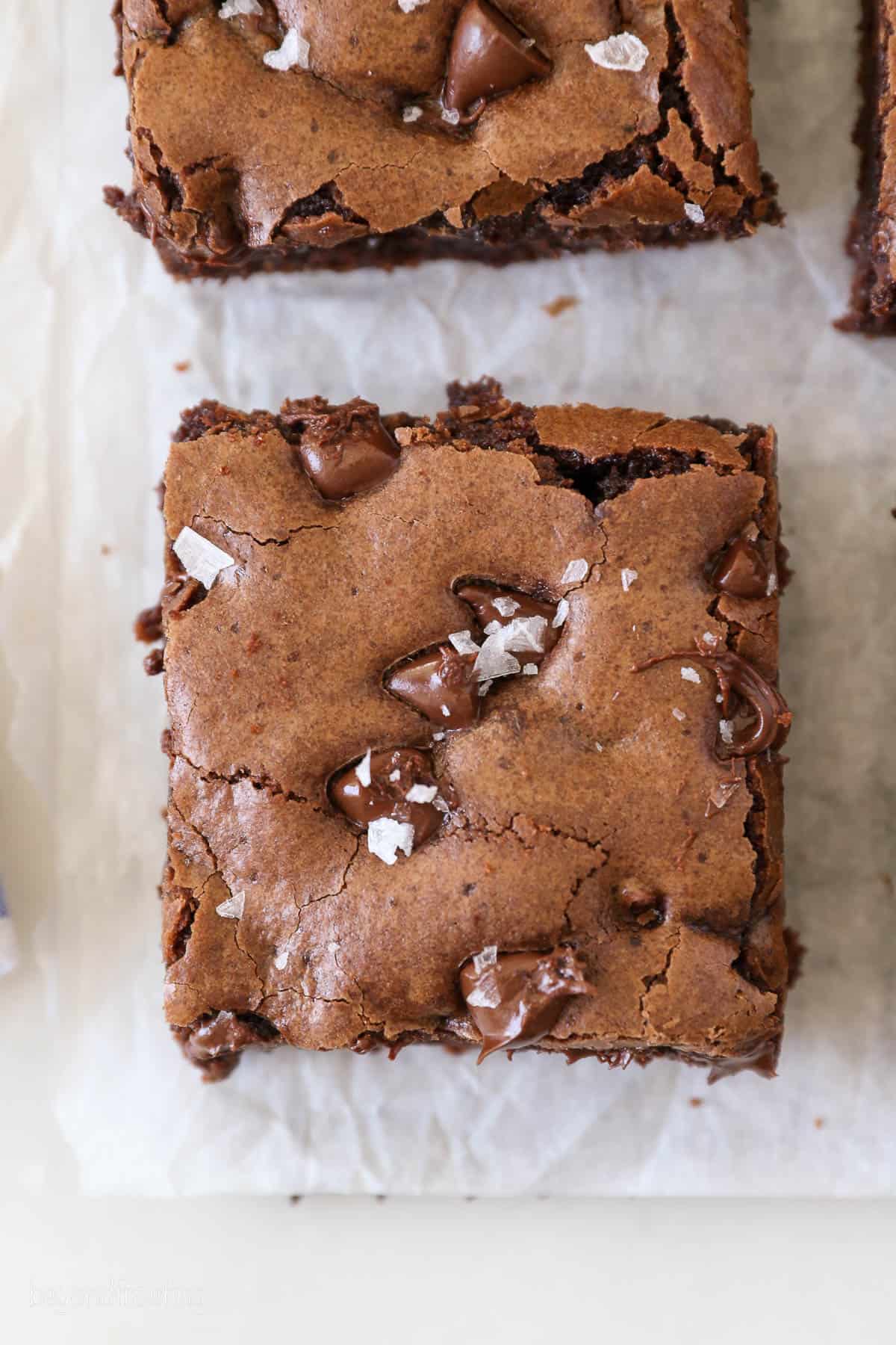 Overhead view of a brownie with sea salt
