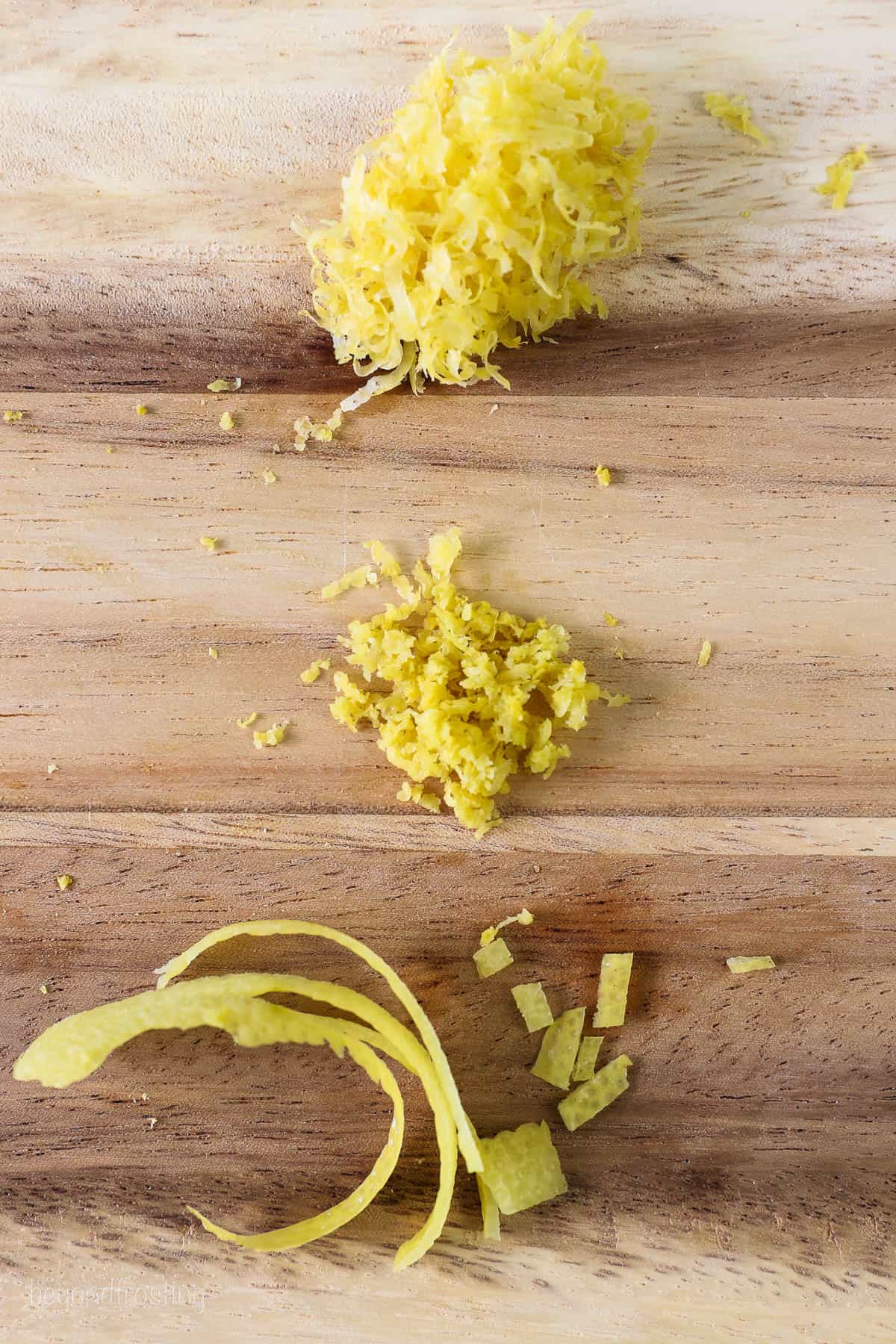 Lemon zest in three different sizes and textures