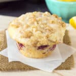 side view of a lemon muffin on a napkin