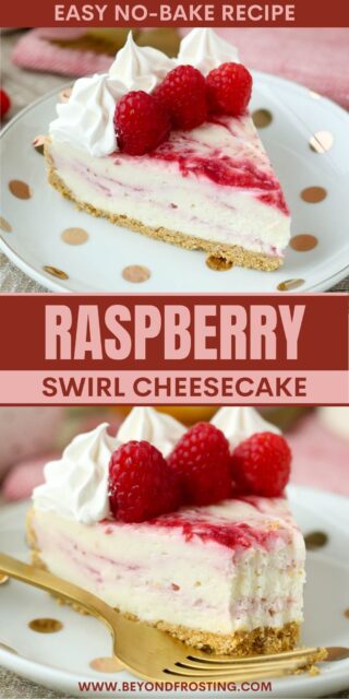 Pinterest graphic with two images of raspberry cheesecake and text overlay