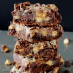 closeup of five peanut butter cake bars stacked