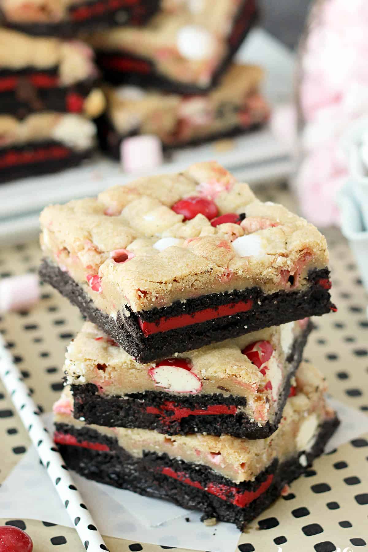 three peppermint marshmallow Oreo brookies stacked