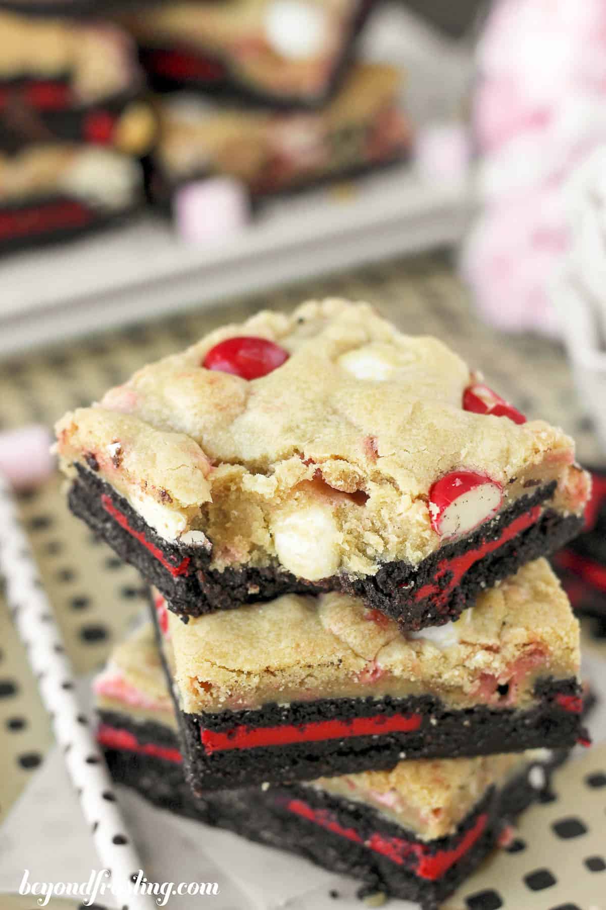 overhead of three peppermint chocolate brookies stacked