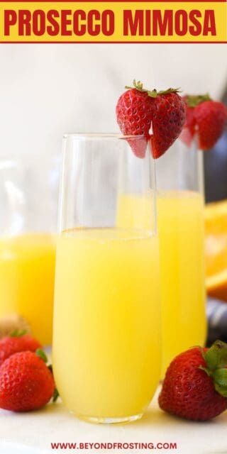 Pinterest image for Prosecco Mimosa with a glass of Mimosa and text overlay
