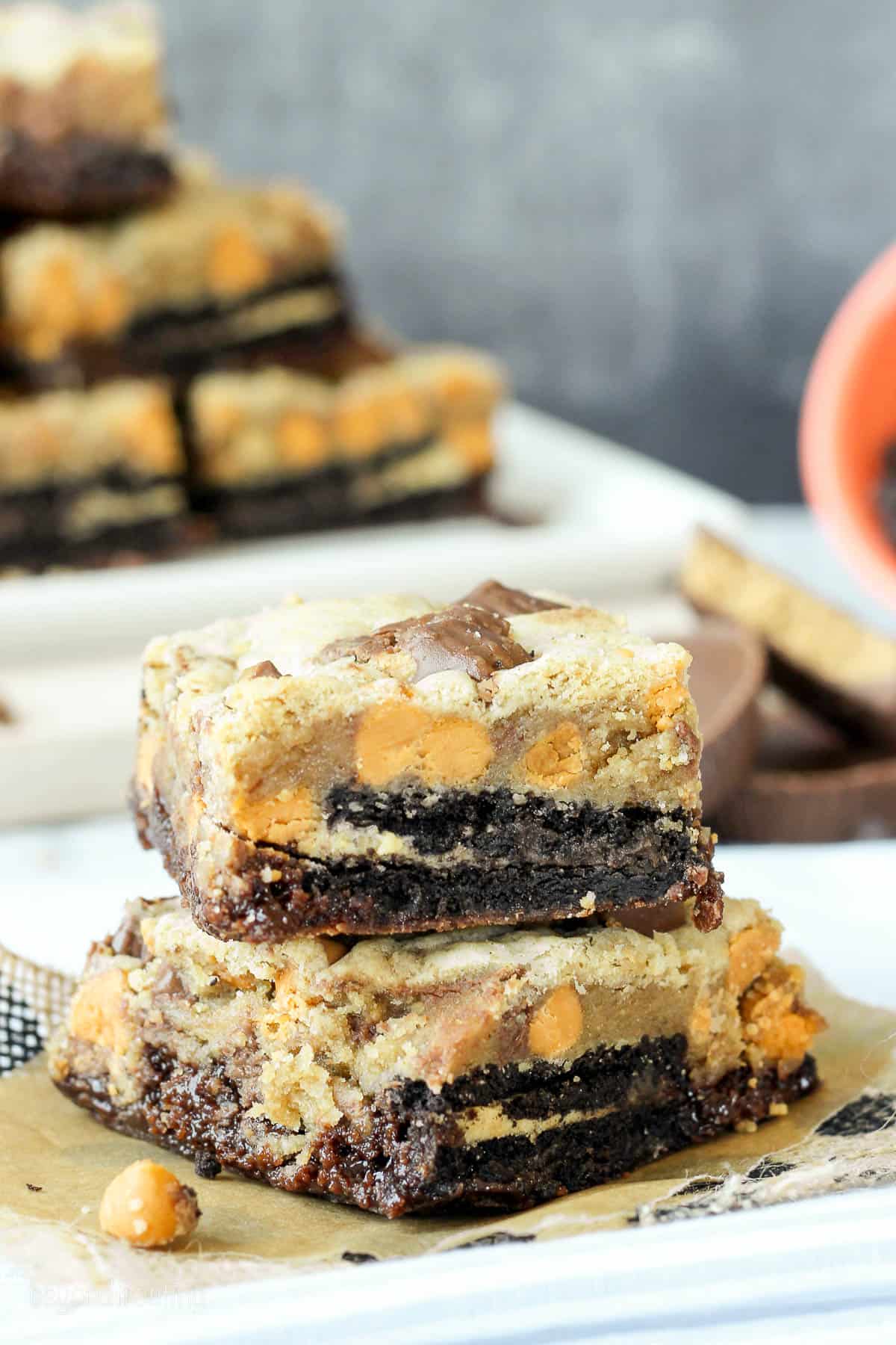 side view of two peanut butter brookies stacked