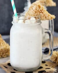 closeup of a jar filled with a rice krispie treat milkshake