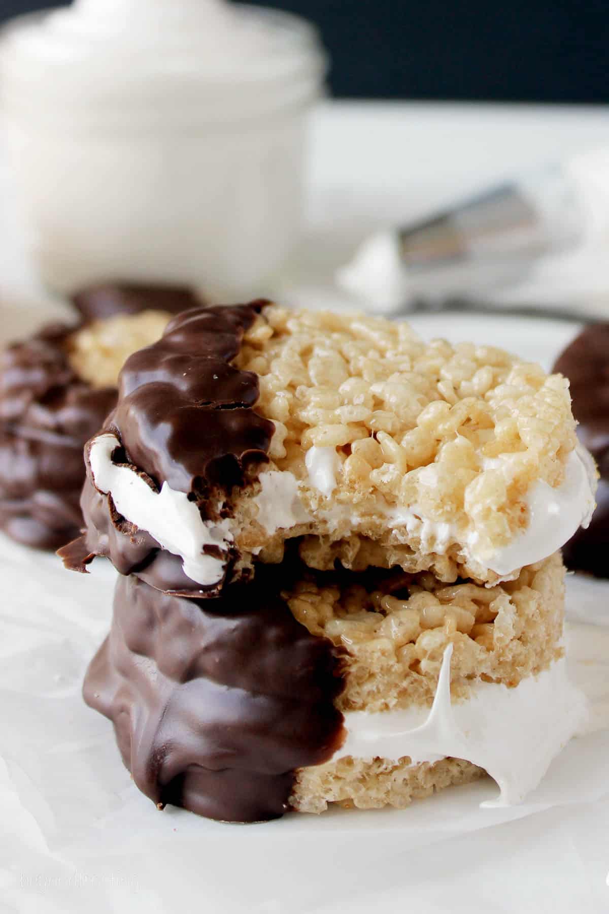 two marshmallow filled rice krispie treats stacked