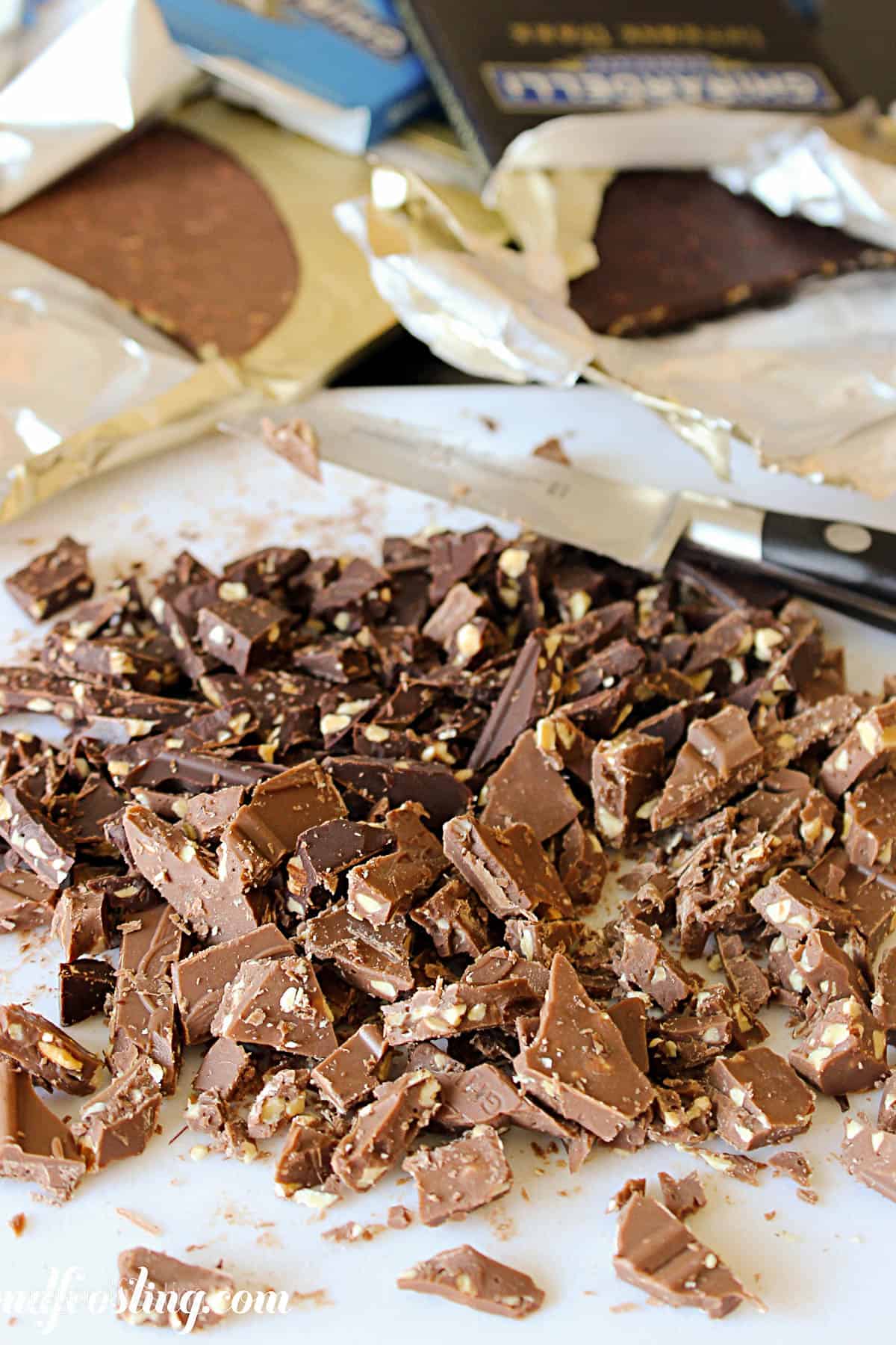 chopped chocolate on a cutting board