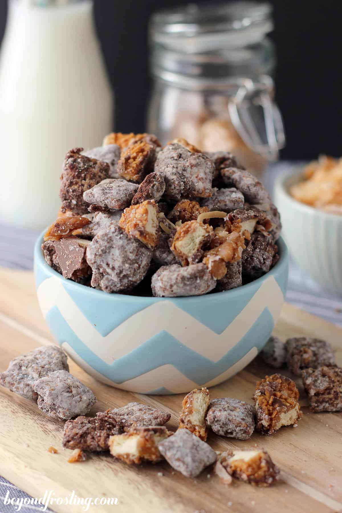 side view of a bowl full of muddy buddies