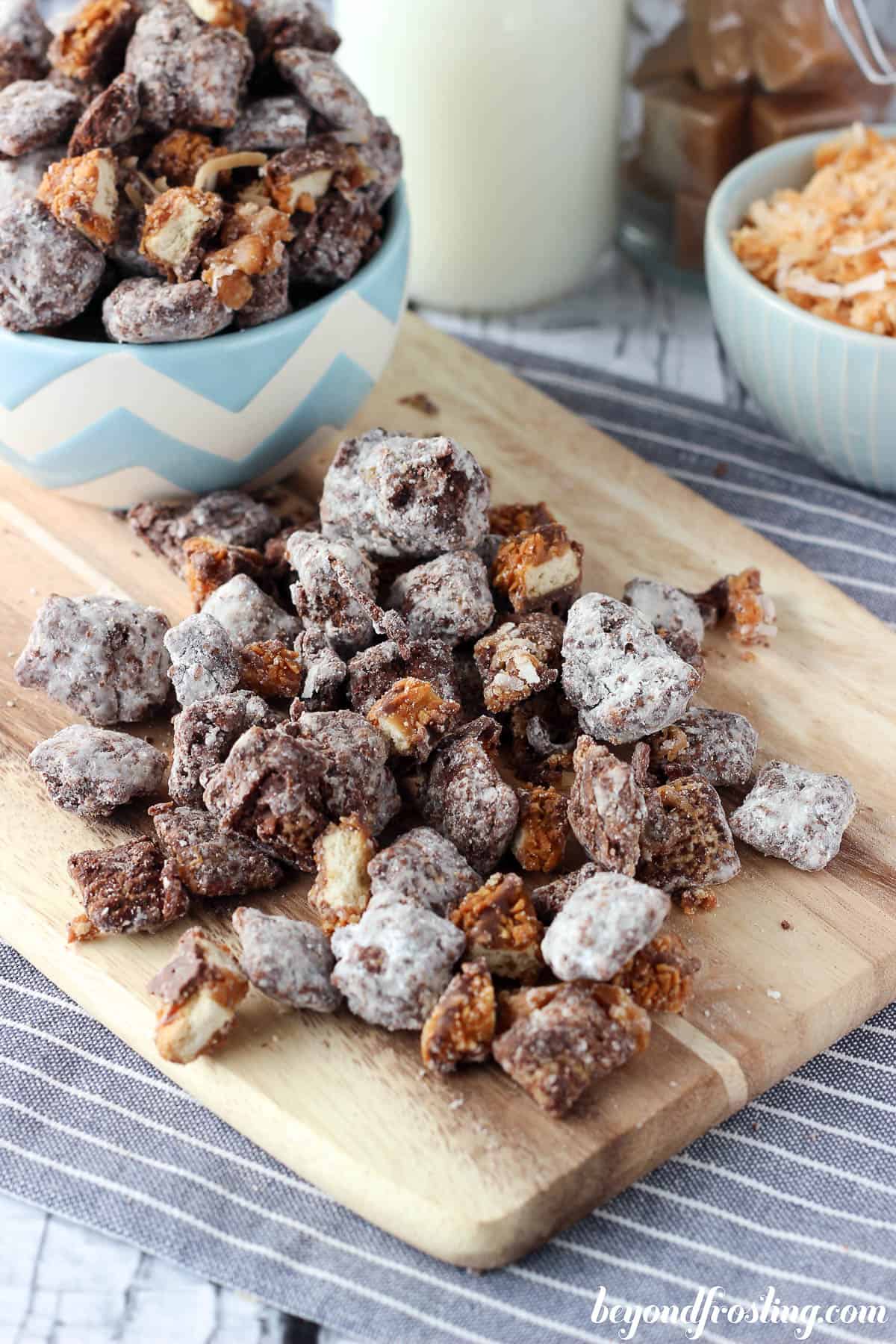 overhead of a pile of muddy buddies on a cutting board