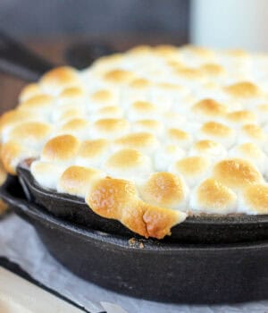 closeup of a skillet of reese's peanut butter cup s'mores dip
