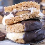 closeup of two rice krispie treat s'mores stacked