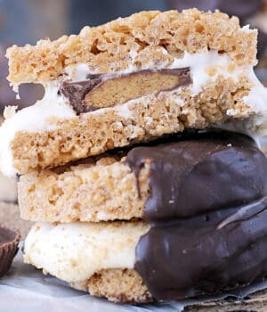 closeup of two rice krispie treat s'mores stacked