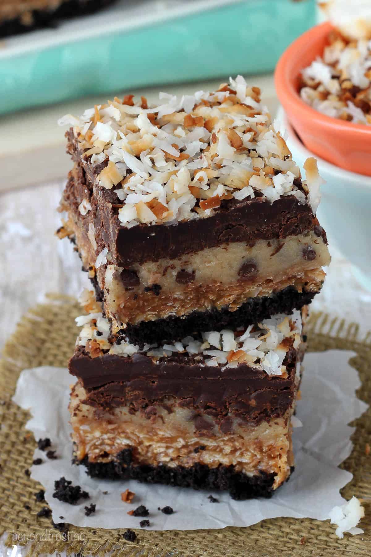 two samoa cookie dough bars stacked