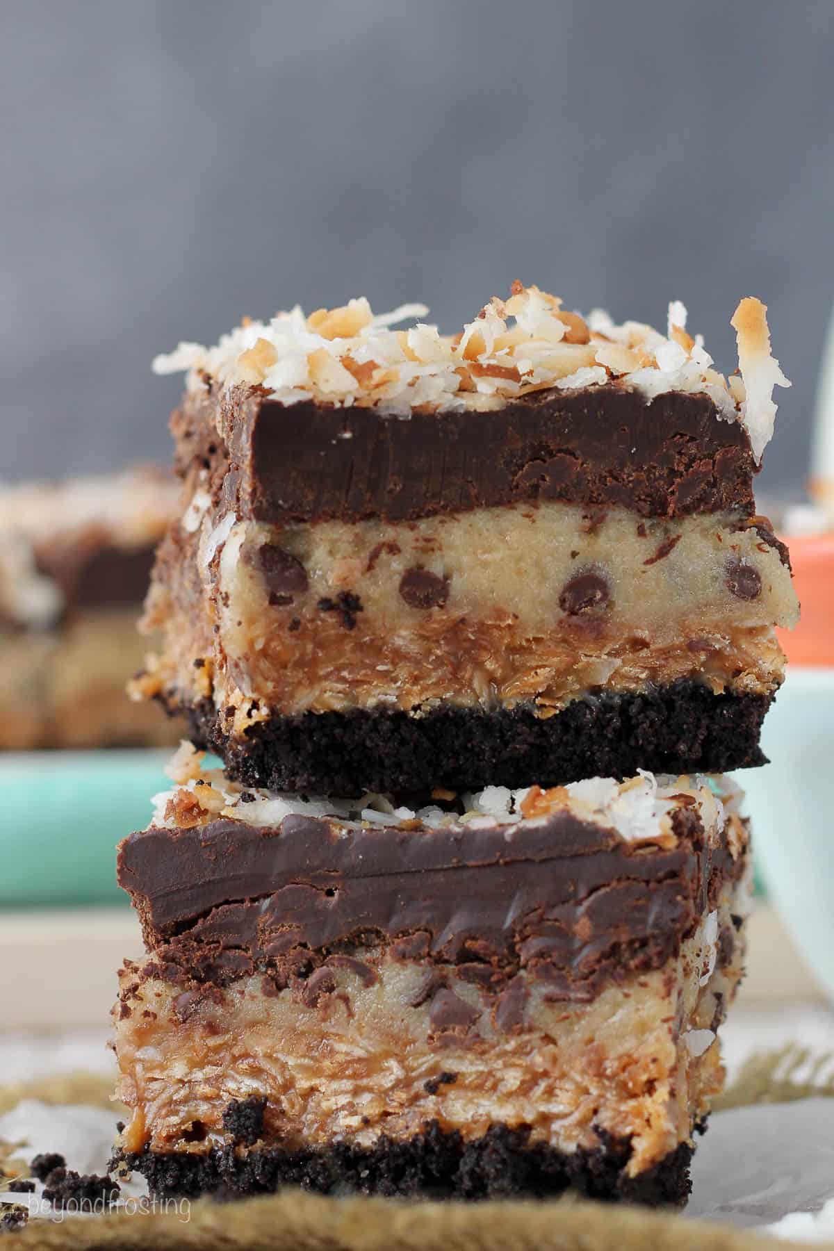 two cookie dough bars stacked