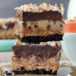 closeup of two cookie dough bars stacked