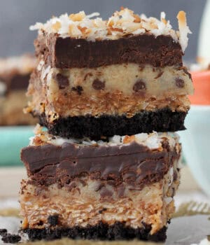 closeup of two cookie dough bars stacked