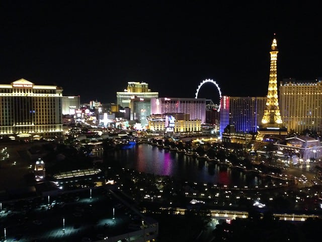 Las Vegas skyline view at night from hotel balcony