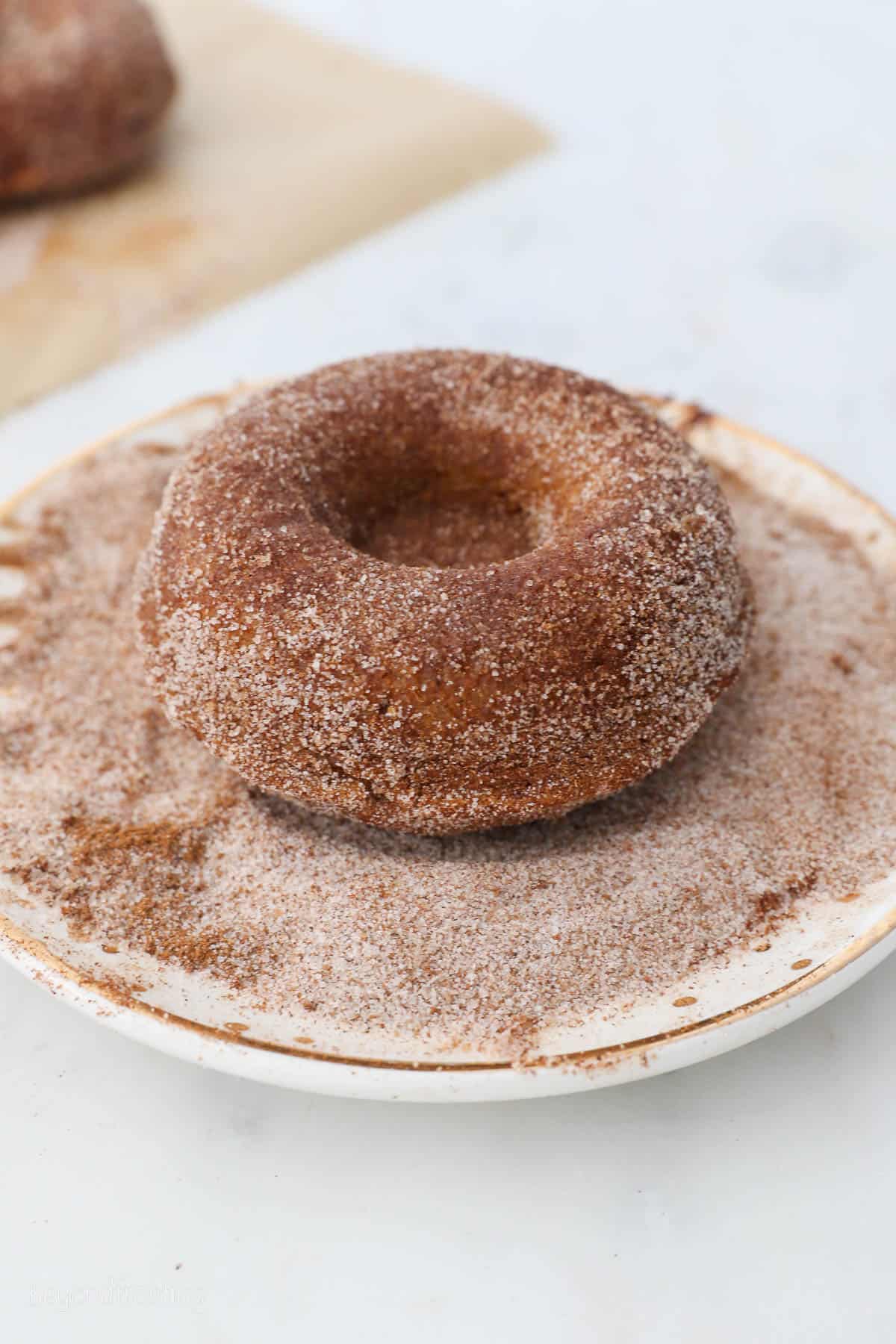 a pumpkin donut being coated in cinnamon and sugar on a plate