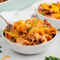 A bowl of cheesy hamburger noodle casserole