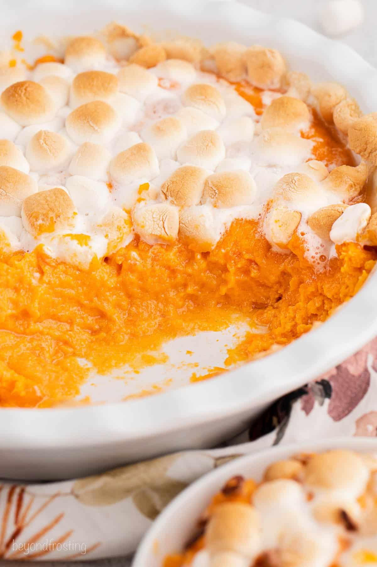 Sweet Potato Casserole topped with browned mini marshmallows