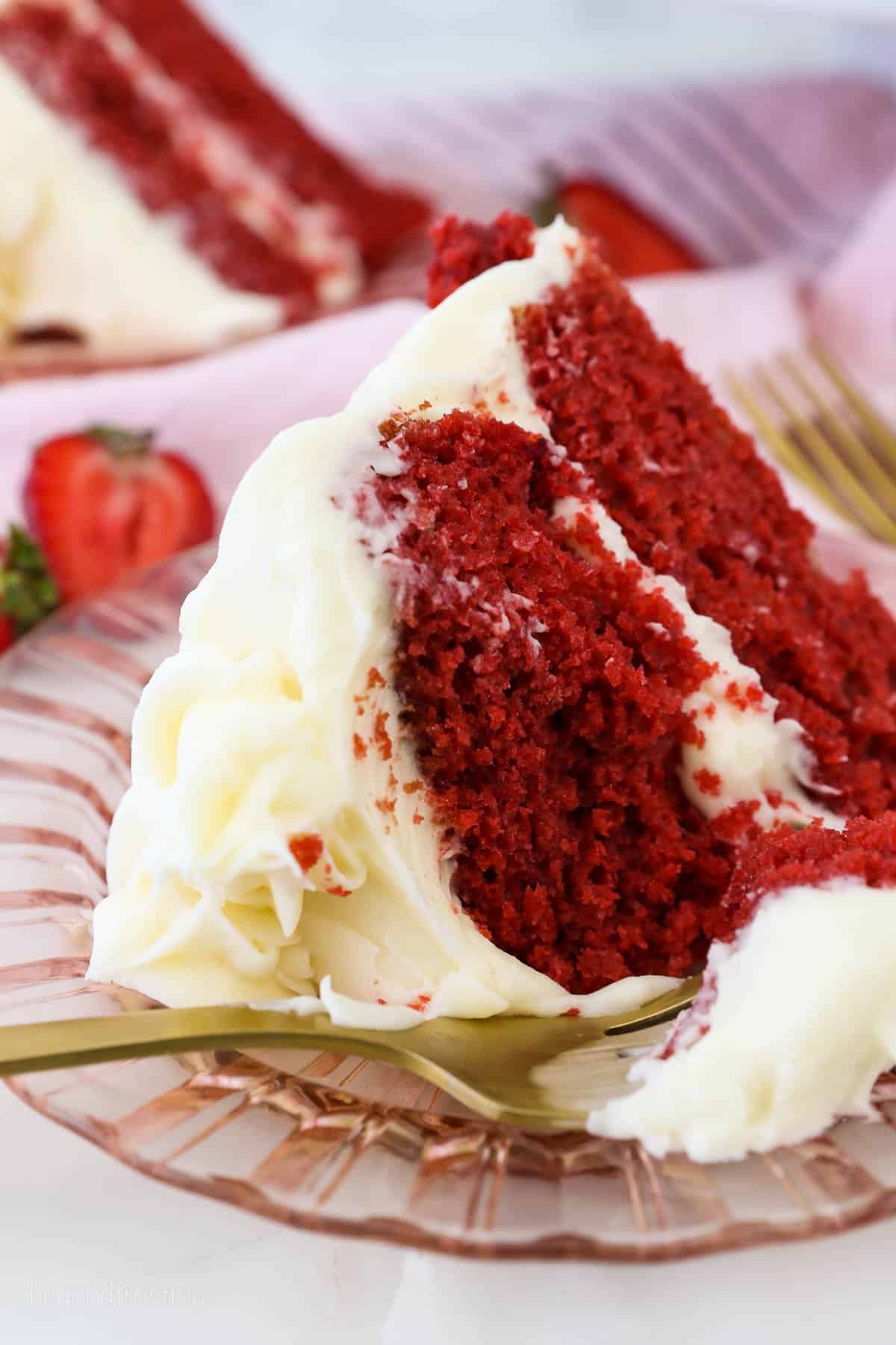 Close-up of a slice of red velvet cake on a plate