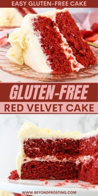 Pinterest graphic with two images of gluten free red velvet cake