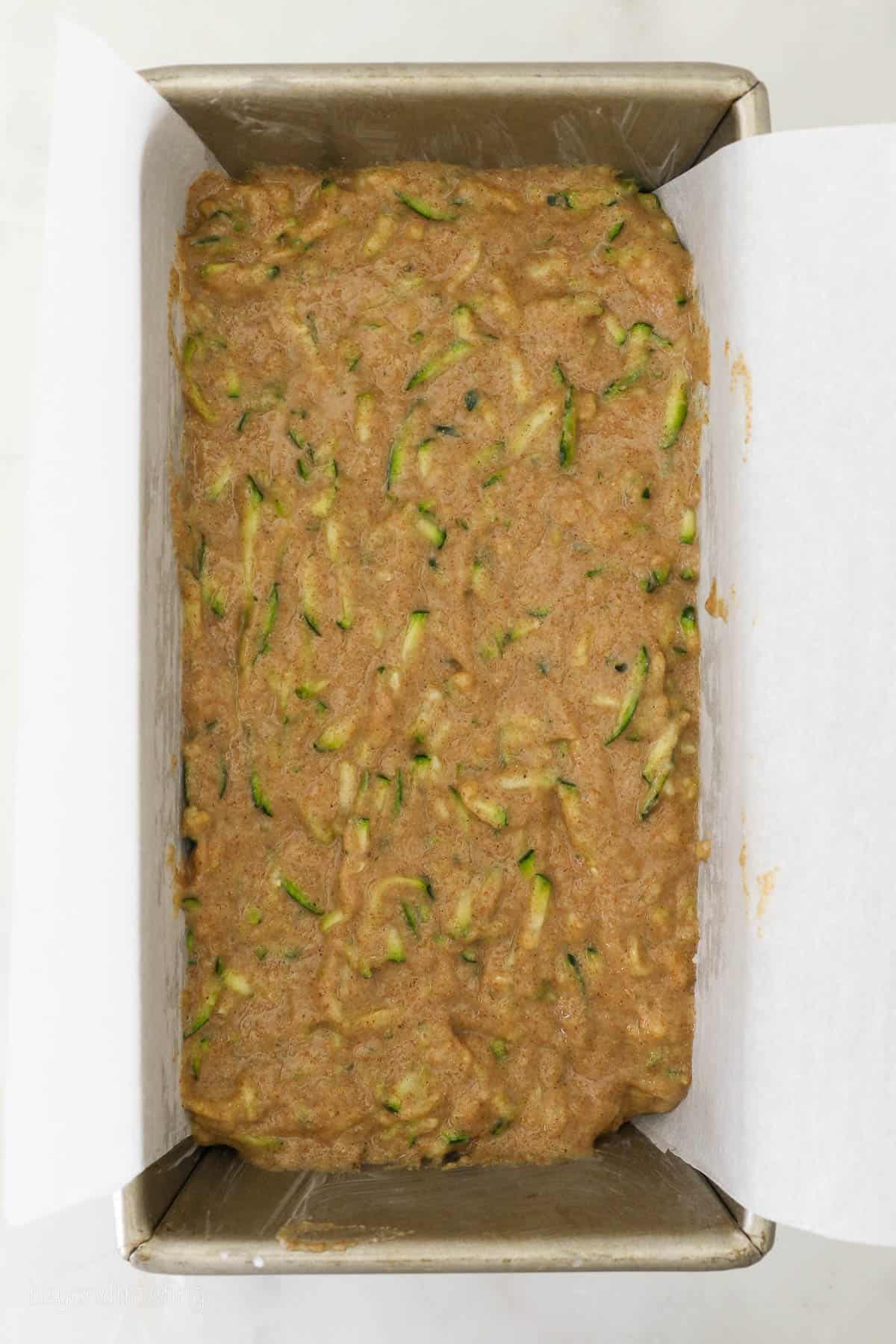 batter for zucchini bread in a loaf pan