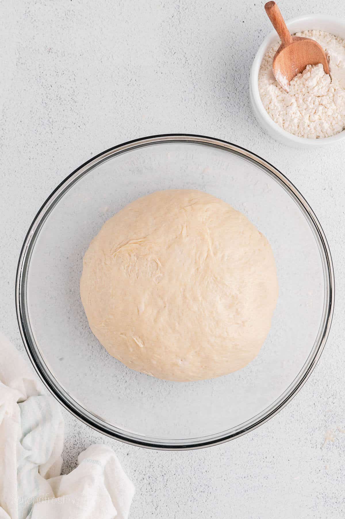 A ball of yeast dough in a mixing bowl