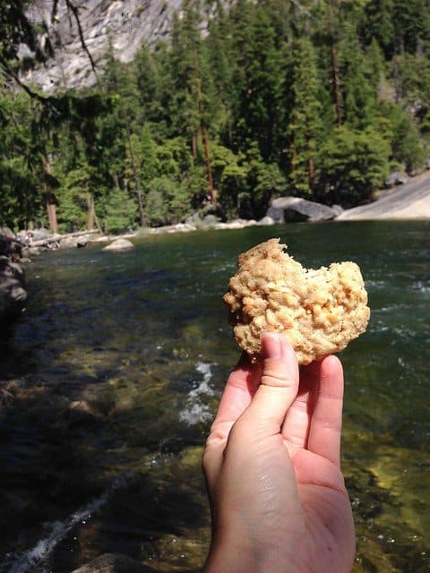 A hand holding a coconut cashew oatmeal cookie with a bite out of it with Yosemite scenery in the background