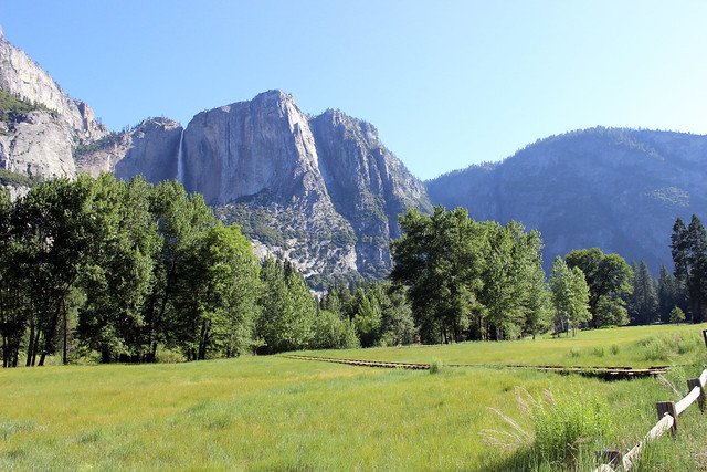 View of a green meadow with mountains behind at Yosemite
