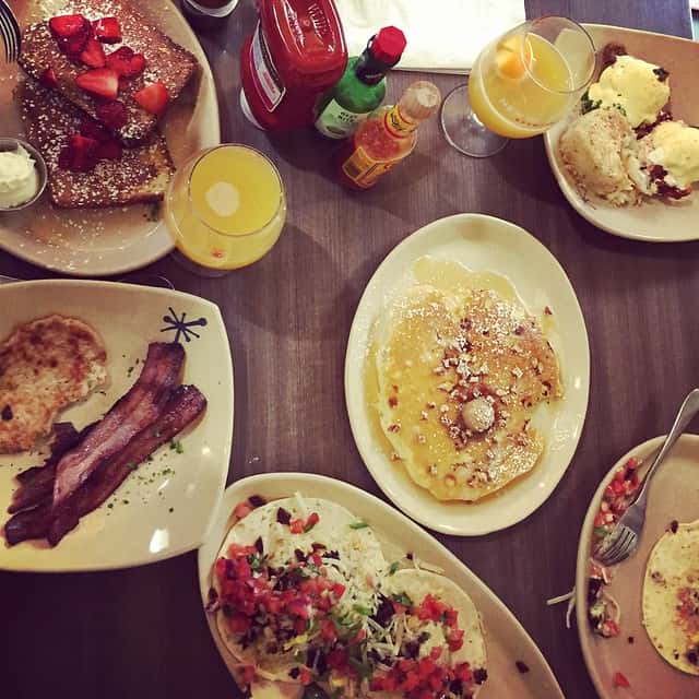 Overhead view of several plates of breakfast food at a restaurant